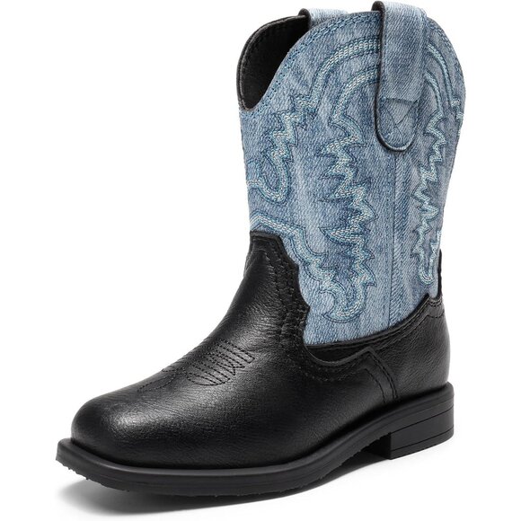 Toddler Little Boys Blue Black Cowboy Boots Kids Western Square Toe Riding Mid - Picture 1 of 6